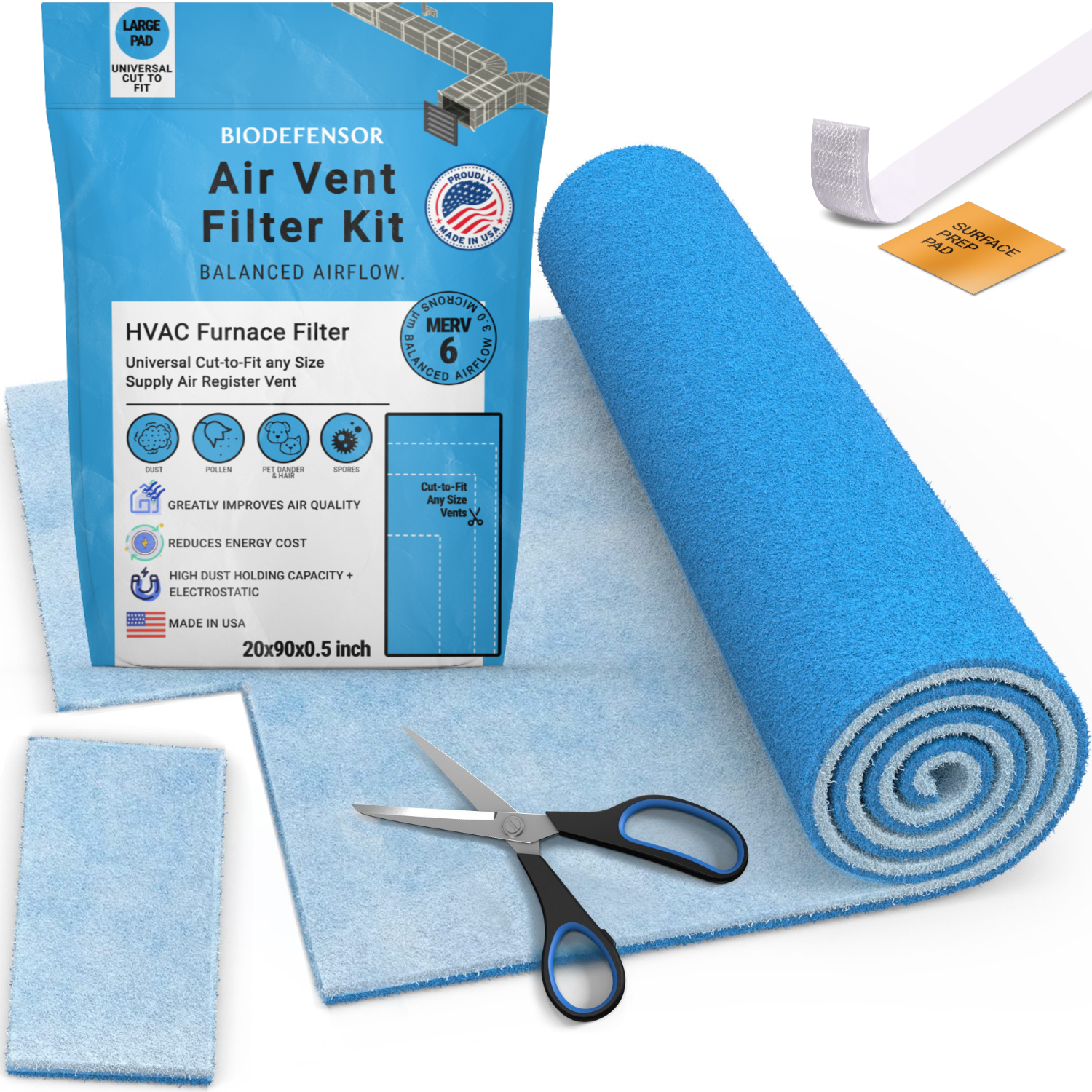 Biodefensor Air Vent Filter Media Roll - MERV 6 Electrostatic - 90”x20” inches - Cut to Fit HVAC Furnace Supply Vents, Registers, Grilles, Air Filtration Projects