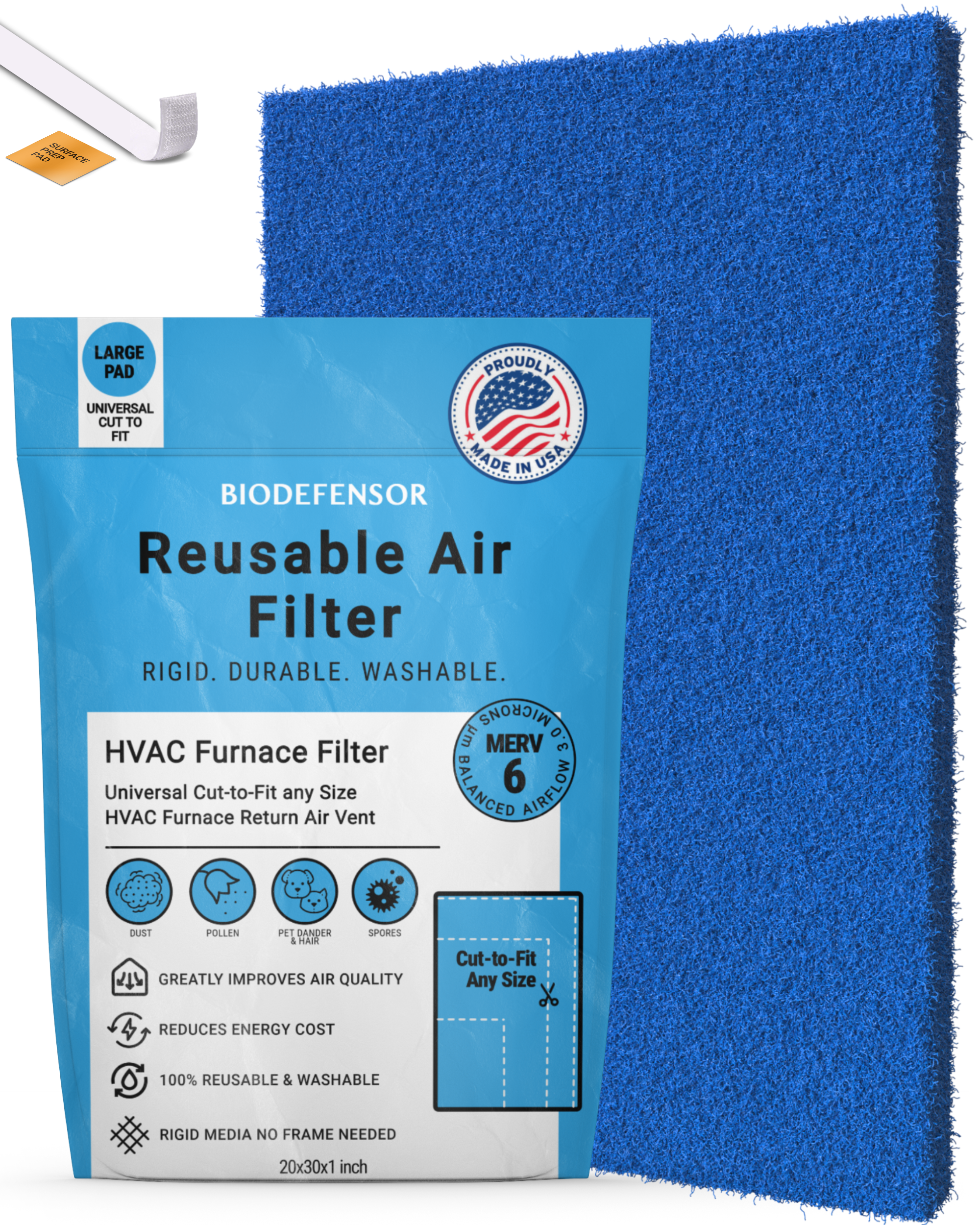 Biodefensor Washable Reusable HVAC AC Furnace Filter - MERV 6 - 20x30x1 Cut to Fit Material